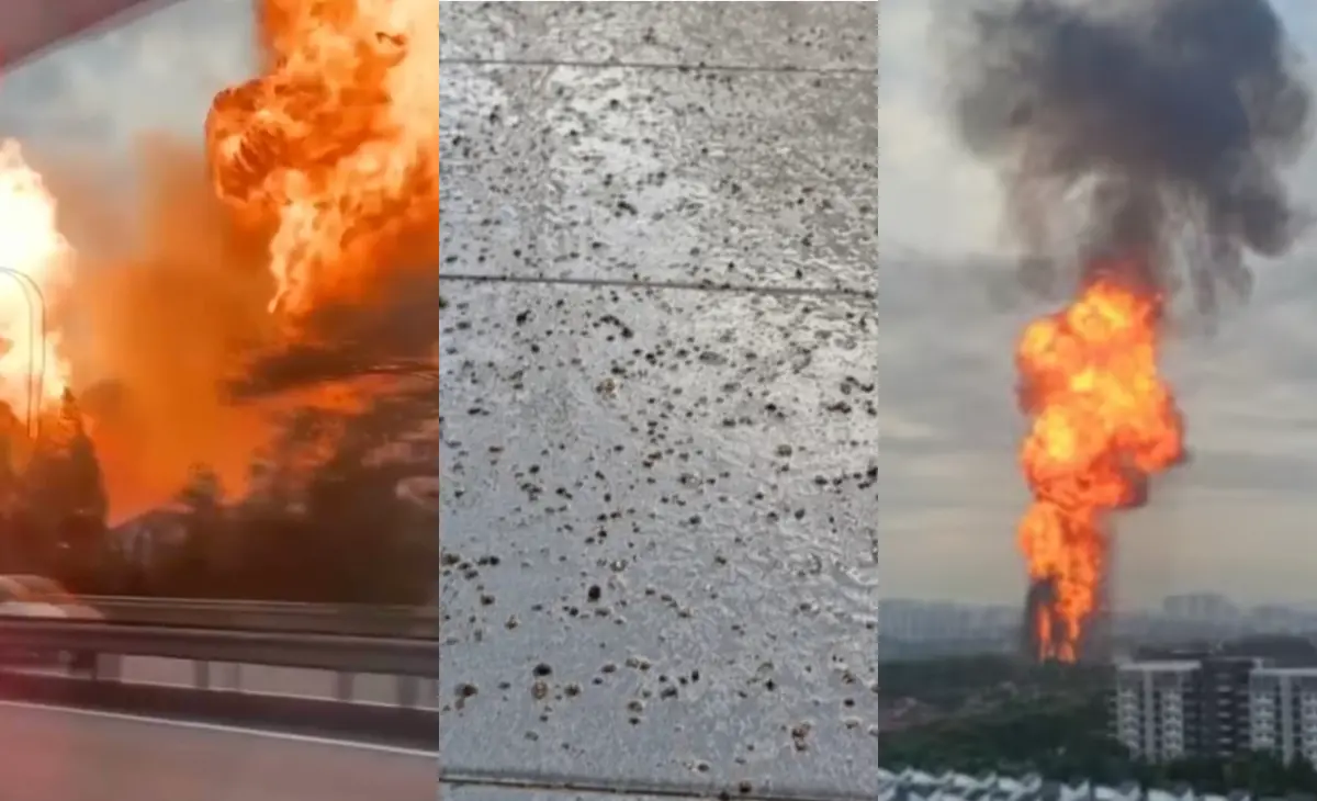 ▲馬來西亞爆發天然氣外洩釀火災，遠處的居民則遇到「石頭雨」，屋瓦、地上和車上都是沙石。（圖／翻攝自影片）