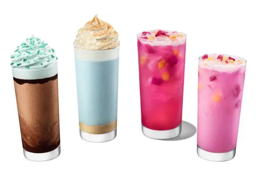 星巴克麥塊風新品!奶油餅乾星冰樂開喝荸薺爆珠 薄巧星冰樂來了 ▲左起:「薄荷巧克力風味奶霜星冰樂」、「奶油餅乾風味奶霜星冰樂」都是中杯160元、大杯180元、特大杯200元,「芒果火龍果檸檬星沁爽」中杯95元、110元、125元,「芒果火龍果椰奶星沁爽」中杯105元、120元、135元。(圖/星巴克提供)