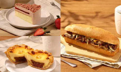 星巴克麥塊風新品!奶油餅乾星冰樂開喝荸薺爆珠 薄巧星冰樂來了 ▲左起:「草莓流芯輕乳蛋糕」140元、「焦糖千層蛋塔」125元、「辣炒牛肉起司長堡」135元。(圖/星巴克提供)