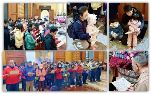 ▲林宇岳執行長帶領與會所有家庭成員一齊感人誦讀為父母祈願文。（圖／龜馬山紫皇天乙真慶宮建宮提供）