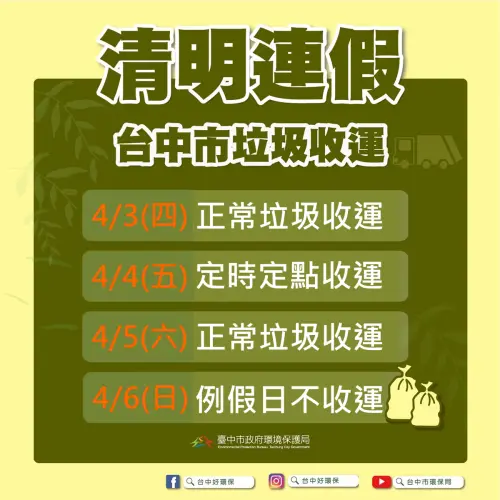 ▲台中市清明連假垃圾收運一覽。（圖／台中市環保局提供）