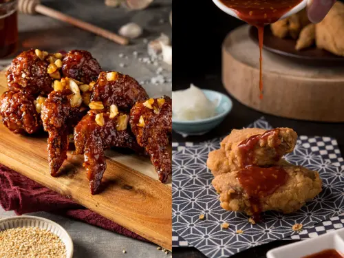 ▲左起：涓豆腐「韓式炸雞(蜂蜜蒜味)」358元、北村豆腐家「明洞韓式炸雞」218元。（圖／豆府餐飲集團提供）