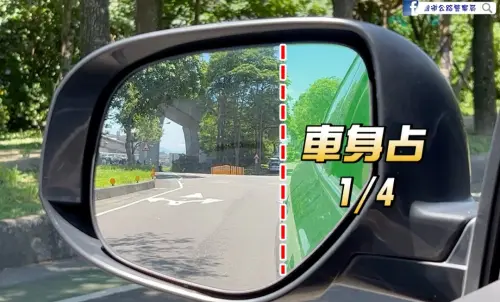 調整汽車左後照鏡時,需要讓車身占鏡面左右的四分之一。(圖/國道公路警察局提供) ▲調整汽車左後照鏡時,需要讓車身占鏡面左右的四分之一。(圖/國道公路警察局提供)