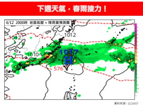 ▲下週連續5至6天的陰雨天氣，且在降雨過程中，常易伴隨著雷電、冰雹及強陣風等劇烈天氣現象產生。（圖／取自「林老師氣象站」粉專）