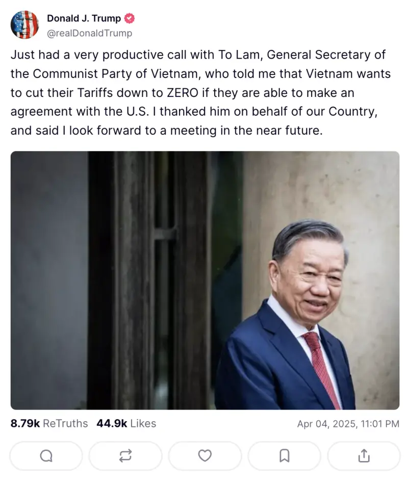 ▲美國總統川普在社群平台上發文稱與越共總書記對話。（圖／翻攝自真實社群）