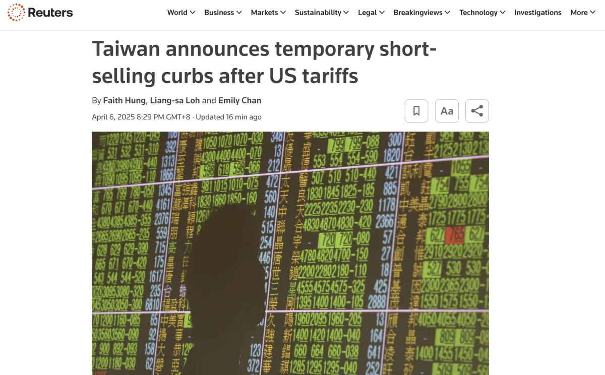 ▲金管會今（6）日宣布3大救市措施，包括調整每日盤中借券賣出委託數量及融券保證金成數等，在4月7日至11日期間暫時性限空，此舉也獲得許多外媒關注與報導。（圖／翻攝自路透）