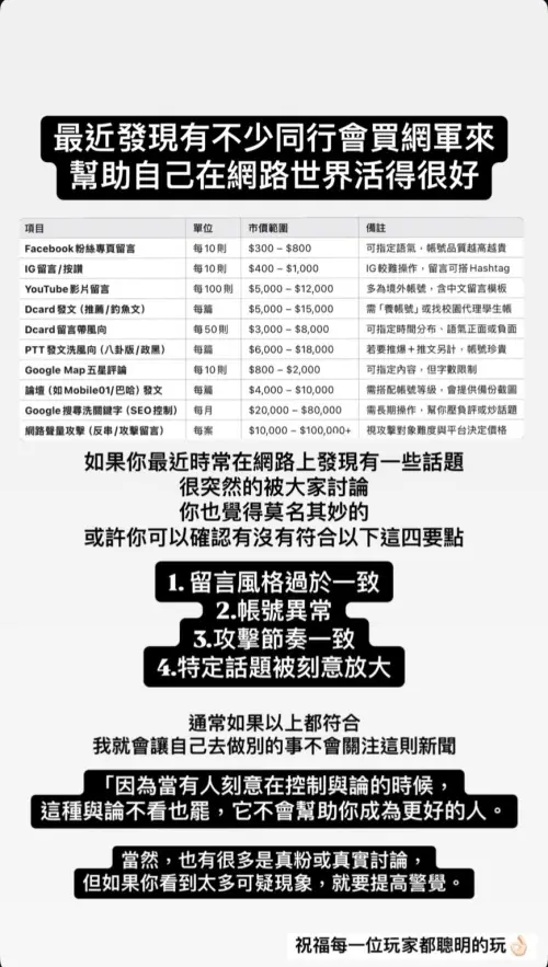 ▲▲鍾明軒點出4線索「留言風格過於一致、帳號異常、攻擊節奏一致及特定話題被刻意放大。」判定是否有網軍侵入。（圖／翻攝自鍾明軒IG）