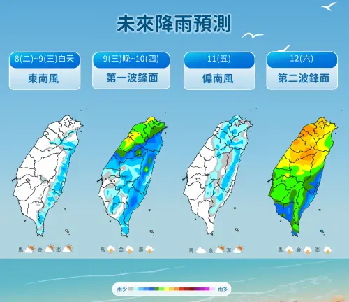 本週前半段,台灣各地的天氣都還不錯,下波鋒面週三、週四通過,週六鋒面雨勢更大。(圖/中央氣象署) ▲本週前半段,台灣各地的天氣都還不錯,下波鋒面週三、週四通過,週六鋒面雨勢更大。(圖/中央氣象署)