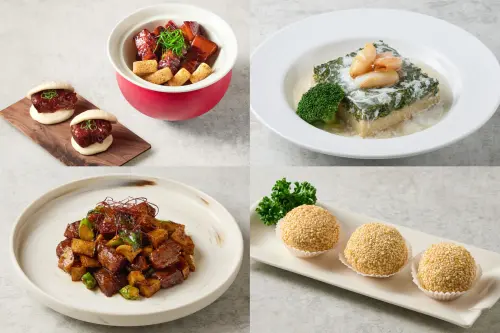 一餐最高省500元!台股跌停「買一送一」優惠 笑一下送限量餅乾 ▲上排左起:「姥姥紅燒肉」528元、「賽螃蟹肉菠菜豆腐 」368元,下排左起:「黑胡椒牛菲力」498元、「皇朝芝麻叉燒酥」168元/3粒。(圖/樂天皇朝提供)
