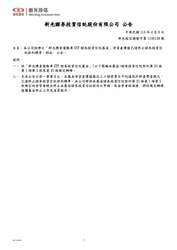 ▲新光投信發行的「新光標普電動車ETF（00925）」證券投資信託基金淨資產價值，已達終止證券投資信託契約標準公告。（圖／新光金控）