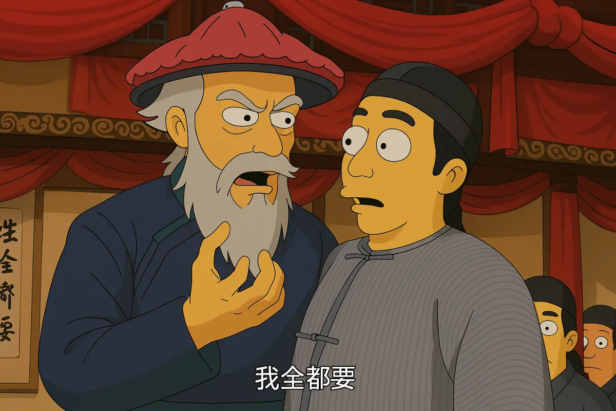 ▲ChatGPT圖像生成功能太強，九品芝麻官經典的「我全都要」不但能完美生成為辛普森風格，甚至還會自動幫用戶把後方字畫也加上「我全都要」，超有梗。（圖／ChatGPT生成）