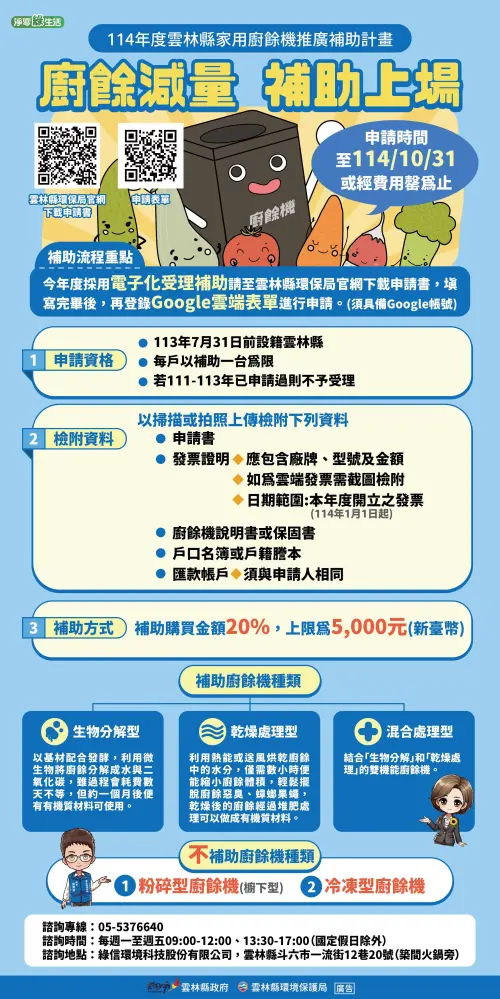 ▲雲林縣家用廚餘機補助方案。（圖／雲林縣環保局提供）