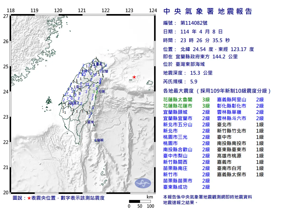 ▲今（8）日晚間11時26分，台灣東部海域發生芮氏規模5.9地震。（圖／中央氣象署）