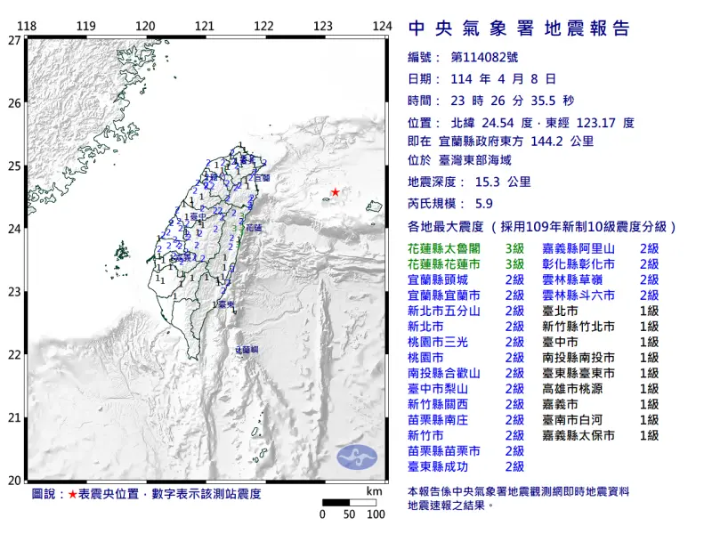▲今（8）日晚間11時26分，台灣東部海域發生芮氏規模5.9地震。（圖／中央氣象署）