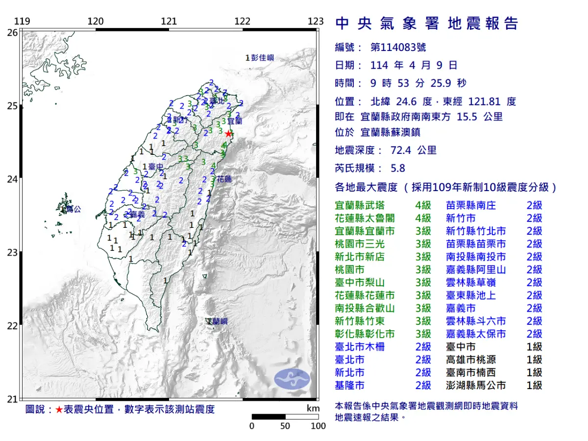 ▲上午9時53分宜蘭蘇澳5.8地震，地震深度72.4公里，最大震度4級嘉義以北都有感。（圖／中央氣象署提供）