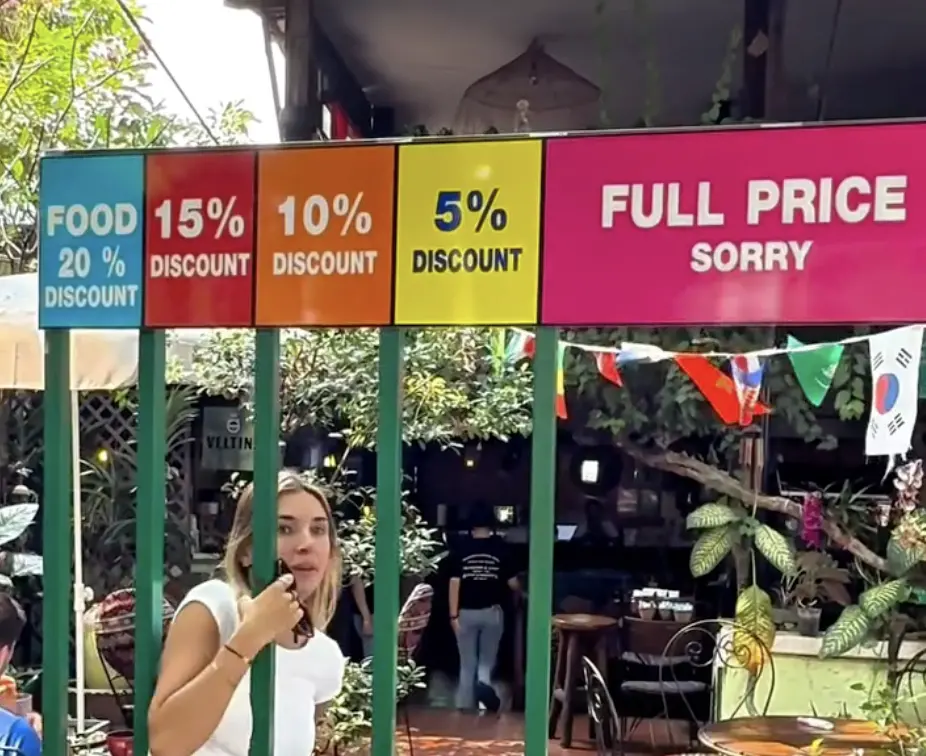 ▲泰國清邁咖啡廳設立「身材屏障門口」，越瘦的人打折越多。（圖／翻攝自Instagram）