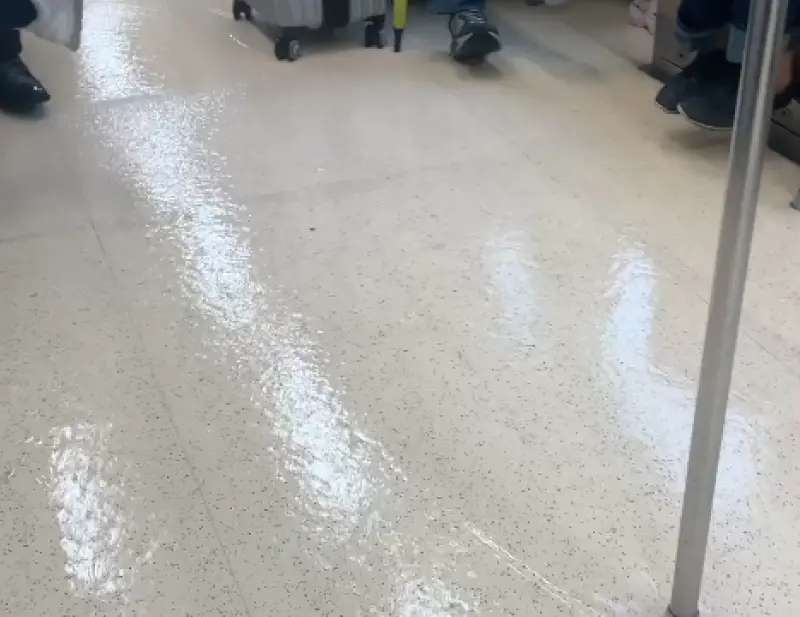 ▲今（10）日上午淡水捷運站出現「水上列車」畫面，有乘客一上車就傻眼，不僅地面全是積水，列車啟動後，大片積水還往車廂後方滑動，讓不少乘客趕緊抬腳閃水。（圖／網友@henhenjack0609授權引用）