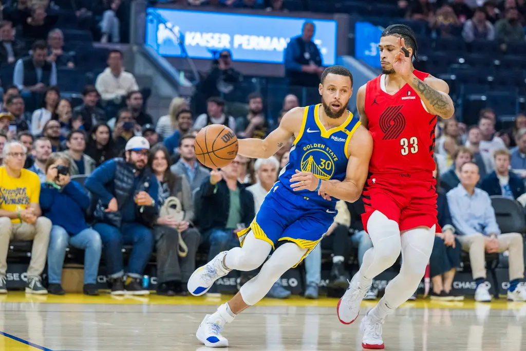 ▲4月12日NBA焦點戰役為金州勇士對上波特蘭拓荒者，勇士若想避開附加賽，直接取得季後賽席次的話，本場對上拓荒者的比賽飛贏不可。（圖／美聯社／達志影像）