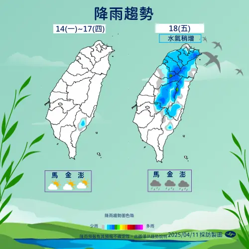 ▲下週一到下週五天氣大致穩定，各地為多雲到晴，下週五（18日）開始水氣增多。（圖／中央氣象署提供）