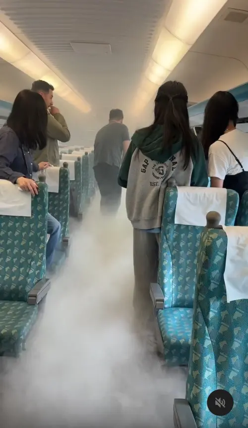 ▲高鐵乘客行李中的行動電源起火，有民眾使用滅火器撲滅火源，因而出現車廂全是濃煙的景象。（圖／Threads@ida_0821授權提供）
