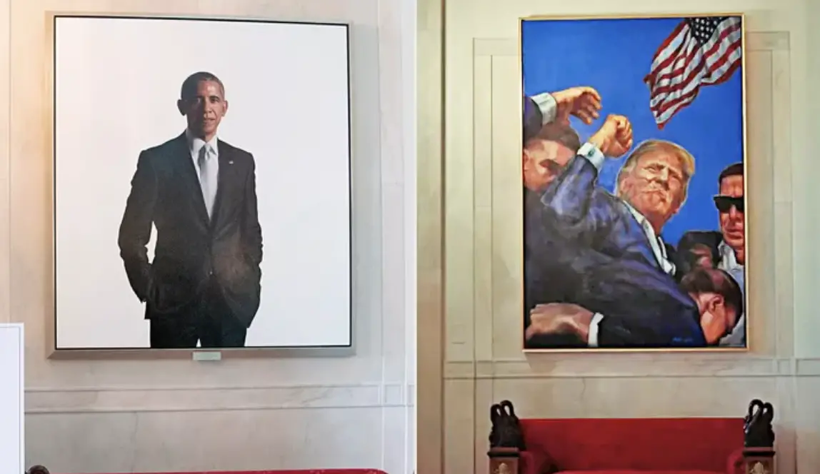 ▲美國總統川普（Donald Trump）在白宮內掛上自己的畫像，取代原本懸掛在該位置的前總統歐巴馬（Barack Obama）的畫像，此舉是否打破慣例引發爭議。（合成圖／翻攝自白宮的X）