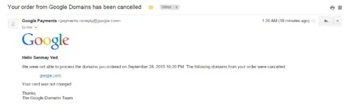 ▲維德（Sanmay Ved）買到「google.com」一分鐘之後，隨即收到取消交易通知。（圖／資料照片）