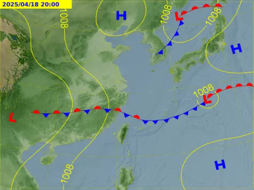 ▲週五鋒面向西南延伸到台灣附近，全台各地將轉為「局部短暫陣雨」或「雷雨」的型態。（圖／中央氣象署）