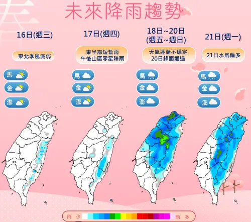 本週四之前全台晴到多雲,週五至週末鋒面接近、通過影響,北台灣降雨較為明顯。(圖/中央氣象署) ▲本週四之前全台晴到多雲,週五至週末鋒面接近、通過影響,北台灣降雨較為明顯。(圖/中央氣象署)