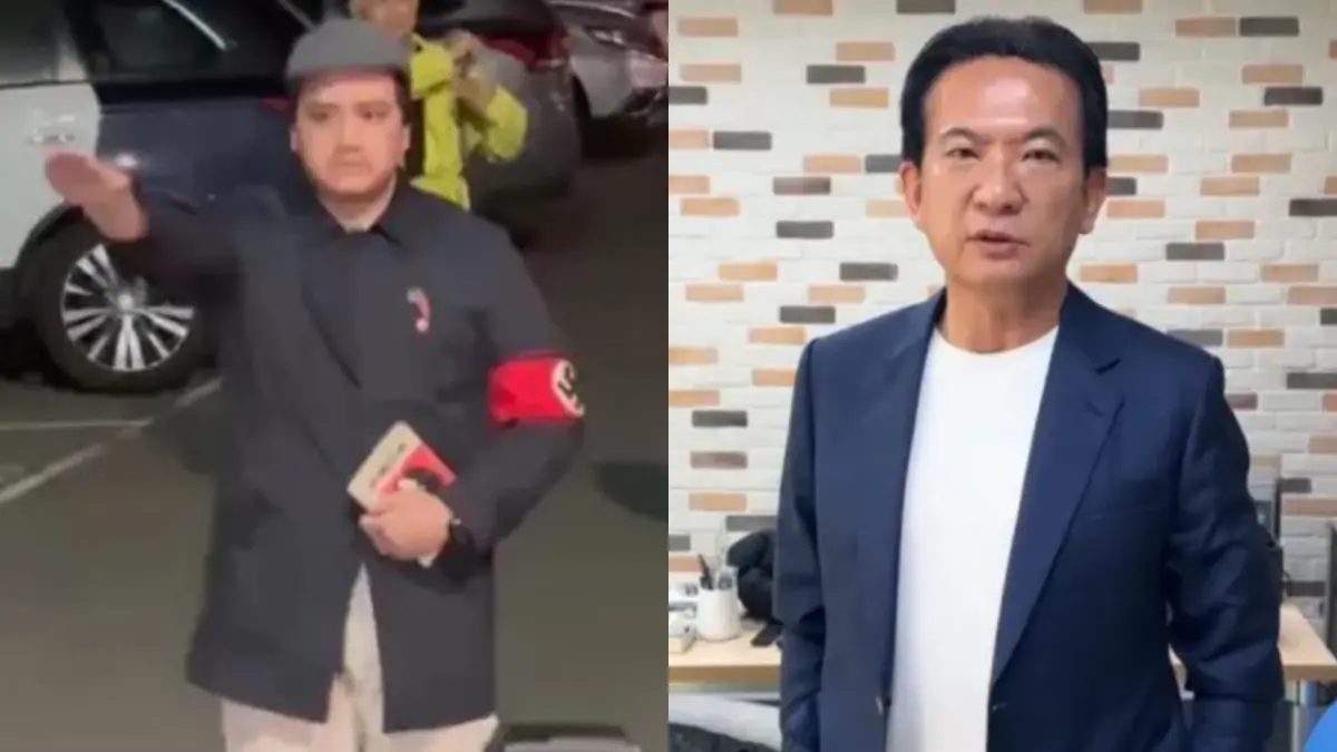 ▲罷免李坤城領銜人宋建樑（左），左臂戴著象徵納粹的「卐」字臂章並行納粹軍禮；民進黨立委林俊憲（右）擔心此舉延燒成國際外交問題。（圖／記者嚴俊強攝、林俊憲辦公室提供）