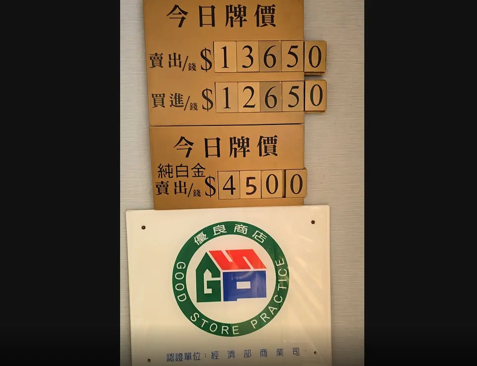 ▲國際黃金價格不斷創新高，銀樓飾金牌告賣出價今（17）日每錢也來到新台幣13650元新天價。（圖／銀樓業者石文信提供）