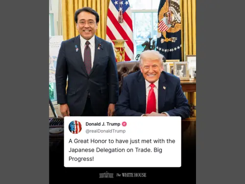 ▲美國與日本貿易代表團於16日舉行關稅談判,日本派出經濟再生大臣赤澤亮正擔任談判代表,美國總統川普(Donald Trump)則是親自現身與赤澤亮正會晤,會談後還在社群媒體上發文稱「取得重大進展」。(圖/翻攝自川普社群媒體) ▲美國與日本貿易代表團於16日舉行關稅談判,日本派出經濟再生大臣赤澤亮正擔任談判代表,美國總統川普(Donald Trump)則是親自現身與赤澤亮正會晤,會談後還在社群媒體上發文稱「取得重大進展」。(圖/翻攝自川普社群媒體)
