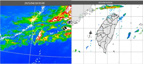 今(18日)晨5時紅外線色調強化雲圖(左圖)顯示,華南雲系東移,結構鬆散。同時的雷達回波合成圖(右圖)顯示,雲系回波很弱,含水量還不多。(圖/取自「洩天機教室」) ▲今(18日)晨5時紅外線色調強化雲圖(左圖)顯示,華南雲系東移,結構鬆散。同時的雷達回波合成圖(右圖)顯示,雲系回波很弱,含水量還不多。(圖/取自「洩天機教室」)
