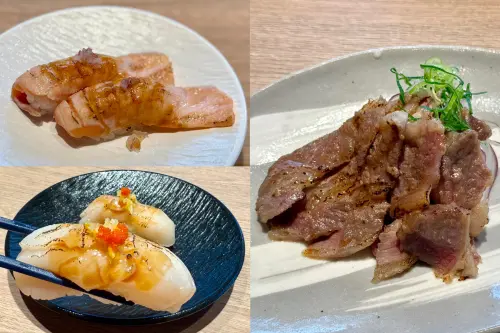 ▲左起：「炙燒鮭魚腹握壽司」100元、「炙燒北海道干貝握壽司」120元、「炙燒鹽麴糀牛」198元。（圖／記者蕭涵云攝）
