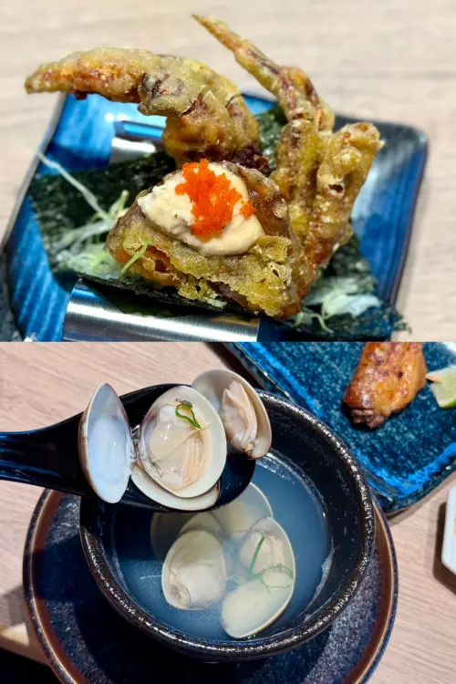 ▲由上至下：「咔滋軟殼蟹手捲」100元、「鮮蛤蜊湯」80元。（圖／記者蕭涵云攝）
