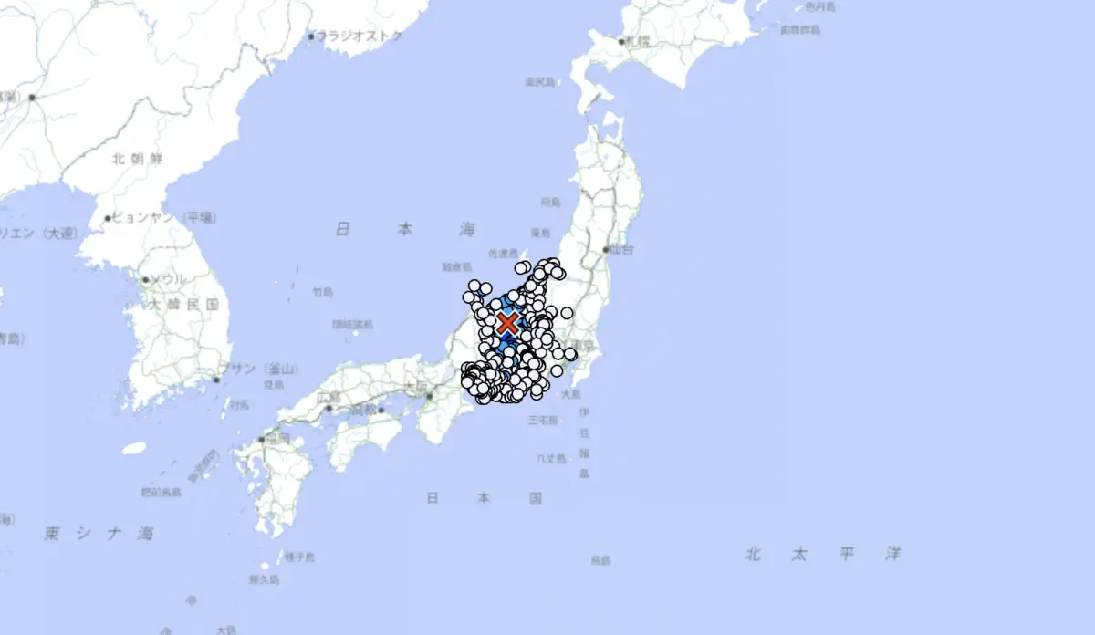 ▲日本長野縣北部當地時間今（18）日晚間8點19分發生規模5.0地震，震源深度10公里，最大震度5弱。（圖／翻攝自日本氣象廳）