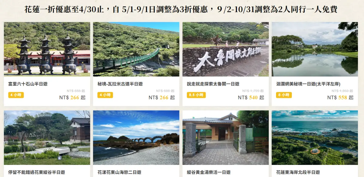 ▲觀光署為促進花蓮地區觀光，加碼台灣觀巴「花蓮地區」套裝遊程1折優惠活動，因遊客反映熱烈，已提前達成預期效益，自5月1日起至9月1日止，花蓮地區將續推3折優惠。（圖／取自台灣觀巴網站）