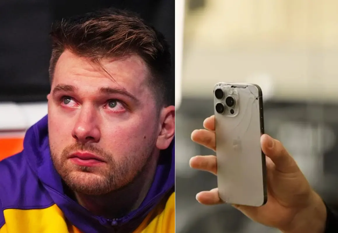 ▲Doncic在接獲交易通知後情緒失控，當場把手機摔出去。他的經紀人Lara Beth Seager在訪問中展示那支仍留在Doncic身邊的手機——沒有裝保護殼、頂端破裂、背面裂痕清晰可見。儘管如此，Doncic仍保留這支手機，當作當晚的紀念。（圖／NOWnews運動中心製圖）