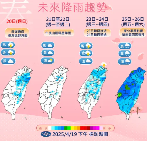 ▲週日北部地區有零星短暫陣雨，其他地區仍維持多雲到晴。（圖／中央氣象署提供）