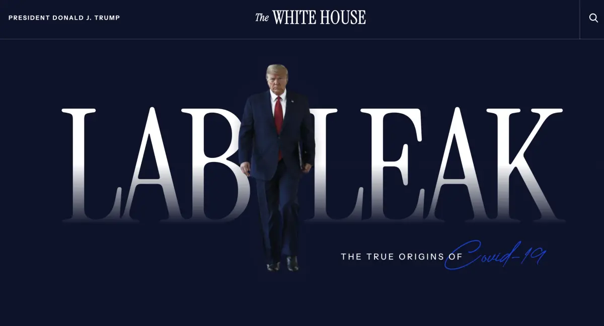 ▲川普當局19日將過去提供新冠疫苗、檢測和治療等消息的政府網站改版，新版網站開宗明義以「實驗室洩漏（LAB LEAK）」為標題，副標則是新冠疫情的真相，指稱新冠病毒源自實驗室。（圖／翻攝自白宮網站）