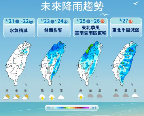 ▲鋒面在週三、週四影響台灣，北台灣降雨機率提高，週五、週六華南雲雨區影響，全台有雨。（圖／中央氣象署提供）