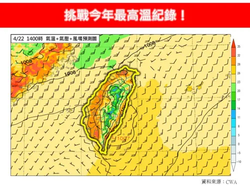 ▲今明兩天吹西南風，各地氣溫飆高，大台北盆地、花東縱谷，白天最高溫度預測上探攝氏37度或以上。（圖／林老師氣象站）