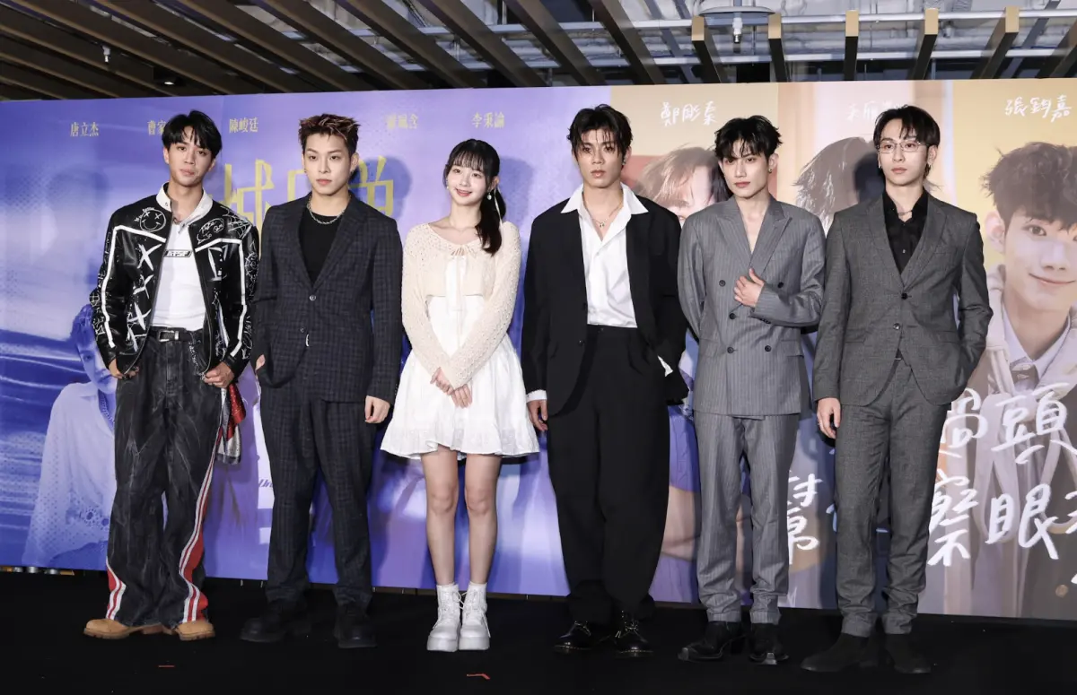 ▲《危城兄弟》由都李秉諭（左起）、洪暐、羅珮含、陳峻廷、唐立杰、曹家齊主演，男生都是出身自《原子少年》選秀，揣摩片中的黑幫分子角色參考昔日港片中的呂良偉、張學友等的演出。（圖／記者朱永強攝）