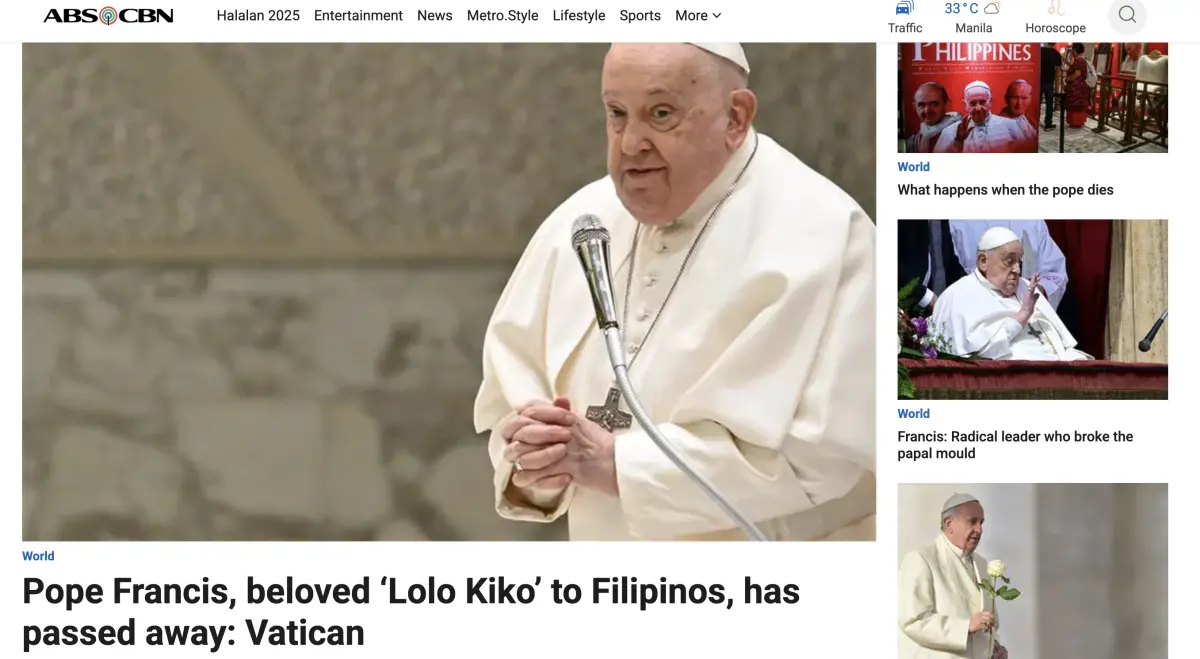 ▲菲律賓人稱呼教宗方濟各為敬愛的「Lolo Kiko」，教宗方濟各辭世的消息也登上當地各大媒體頭版。（圖／翻攝自《ABS-CBN》）