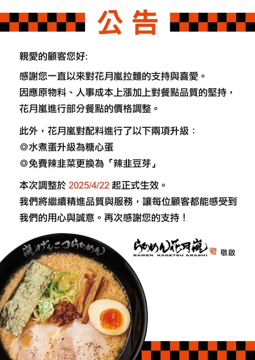▲連鎖拉麵名店「花月嵐」今（21）日晚間突然宣布，從明（22）日開始店內部分餐點價格調漲。（圖／花月嵐臉書）