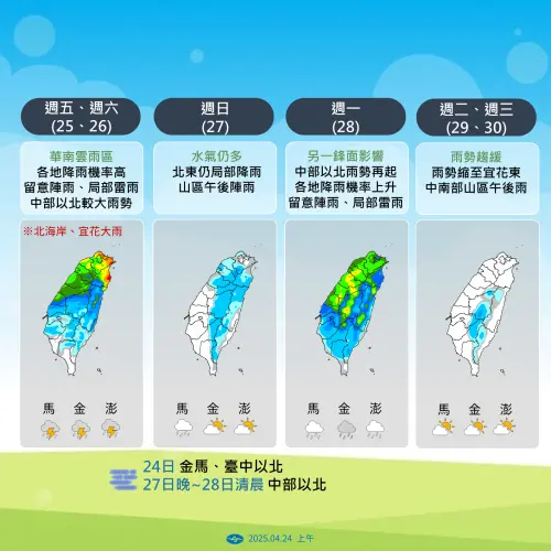 下週一另一鋒面通過及東北季風增強,中部以北地區有局部短暫陣雨或雷雨,並有局部較大雨勢發生的機率。(圖/中央氣象署提供) ▲下週一另一鋒面通過及東北季風增強,中部以北地區有局部短暫陣雨或雷雨,並有局部較大雨勢發生的機率。(圖/中央氣象署提供)