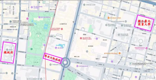 ▲4月26日凱道活動交管範圍與最靠近的統測試場。（圖／翻攝技專校院入學測驗中心）