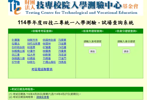 ▲114學年度統測試場查詢系統。（圖／翻攝技專校院入學測驗中心）