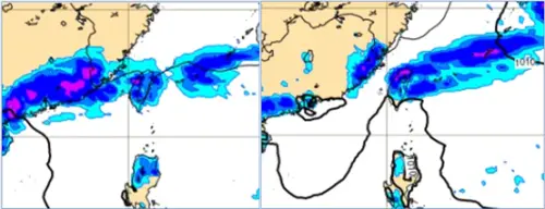 下週一(28日)20時地面氣壓及降水模擬圖顯示,另一鋒面快速移入、天氣再轉、有局部陣雨或雷雨。(圖/取自「洩天機教室」) ▲下週一(28日)20時地面氣壓及降水模擬圖顯示,另一鋒面快速移入、天氣再轉、有局部陣雨或雷雨。(圖/取自「洩天機教室」)