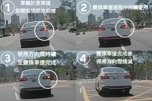 ▲除轉彎前應使用方向燈外,變換車道前更應在行駛於原車道時,即顯示方向燈直至變換車道完成,使周遭車輛能清楚判斷行車動向,以防制交通事故之發生。(圖/高市交通大隊提供) ▲除轉彎前應使用方向燈外,變換車道前更應在行駛於原車道時,即顯示方向燈直至變換車道完成,使周遭車輛能清楚判斷行車動向,以防制交通事故之發生。(圖/高市交通大隊提供)