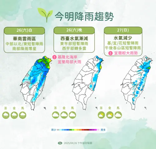 ▲明天東北季風減弱,水氣減少,降雨範圍縮小。(圖/中央氣象署提供) ▲▲明天東北季風減弱,水氣減少,降雨範圍縮小。(圖/中央氣象署提供)